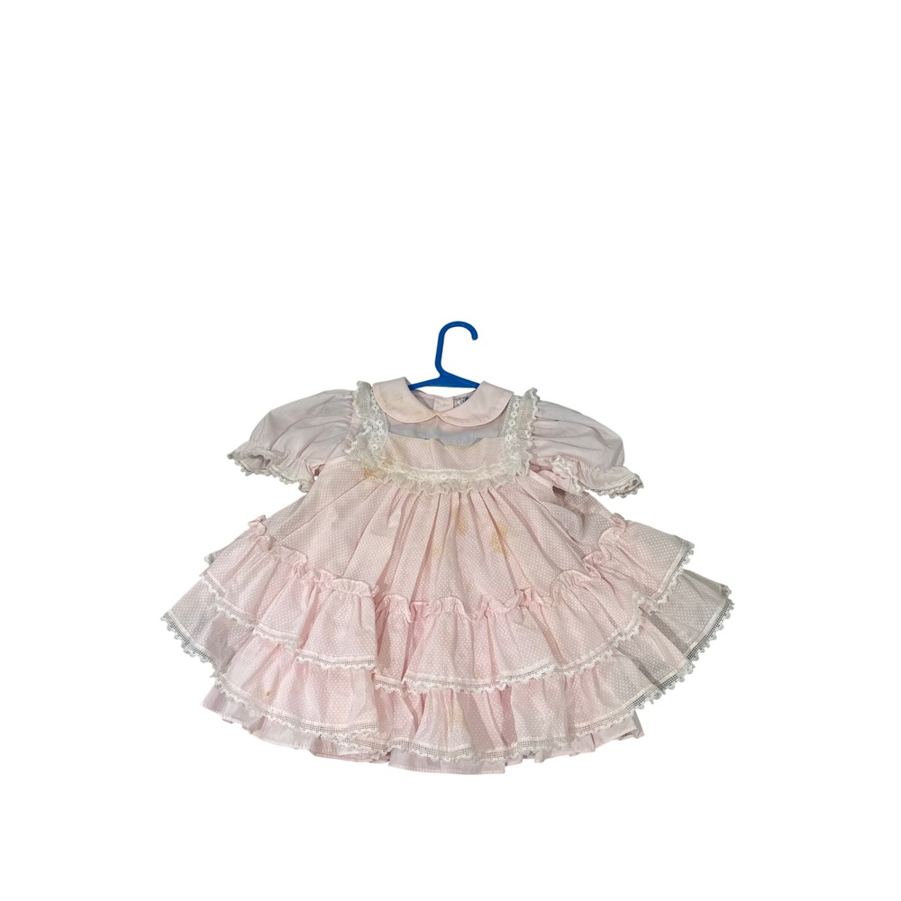 VTG Bryan Pink Polka Dot Tiered Ruffle Lace Cottage Dress 2T Made in USA